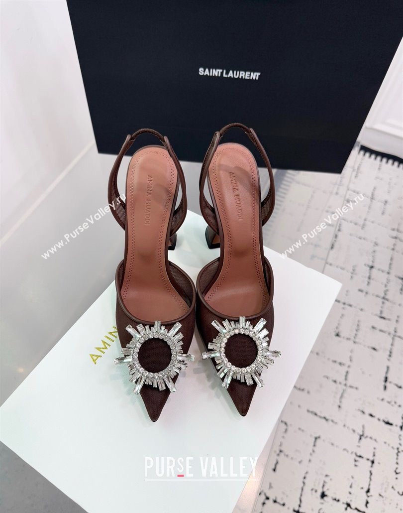 Amina Muaddi Begum Embellished Slingback Pumps 9.5cm in Mesh and Strass Buckle Brown 2025 0604 (KER-250604120)