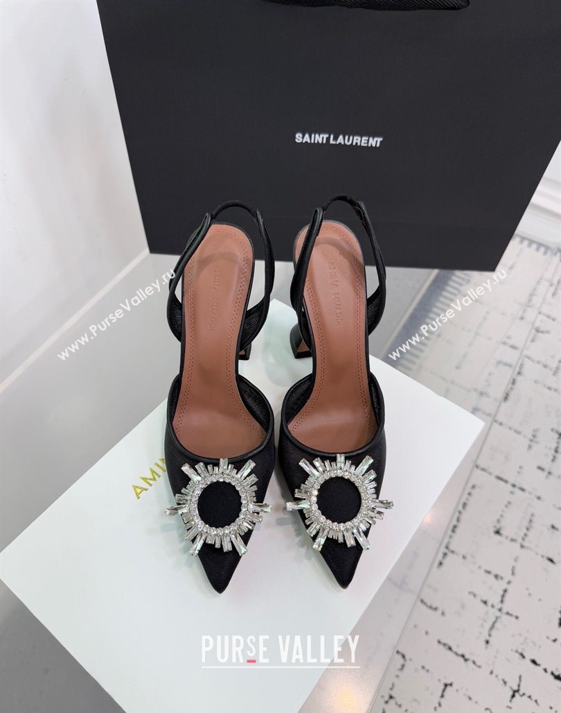 Amina Muaddi Begum Embellished Slingback Pumps 9.5cm in Mesh and Strass Buckle Black 2025 0604 (KER-250604117)