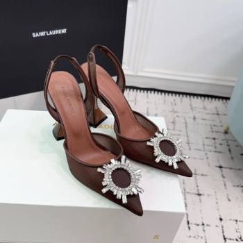 Amina Muaddi Begum Embellished Slingback Pumps 9.5cm in Mesh and Strass Buckle Brown 2025 0604 (KER-250604120)