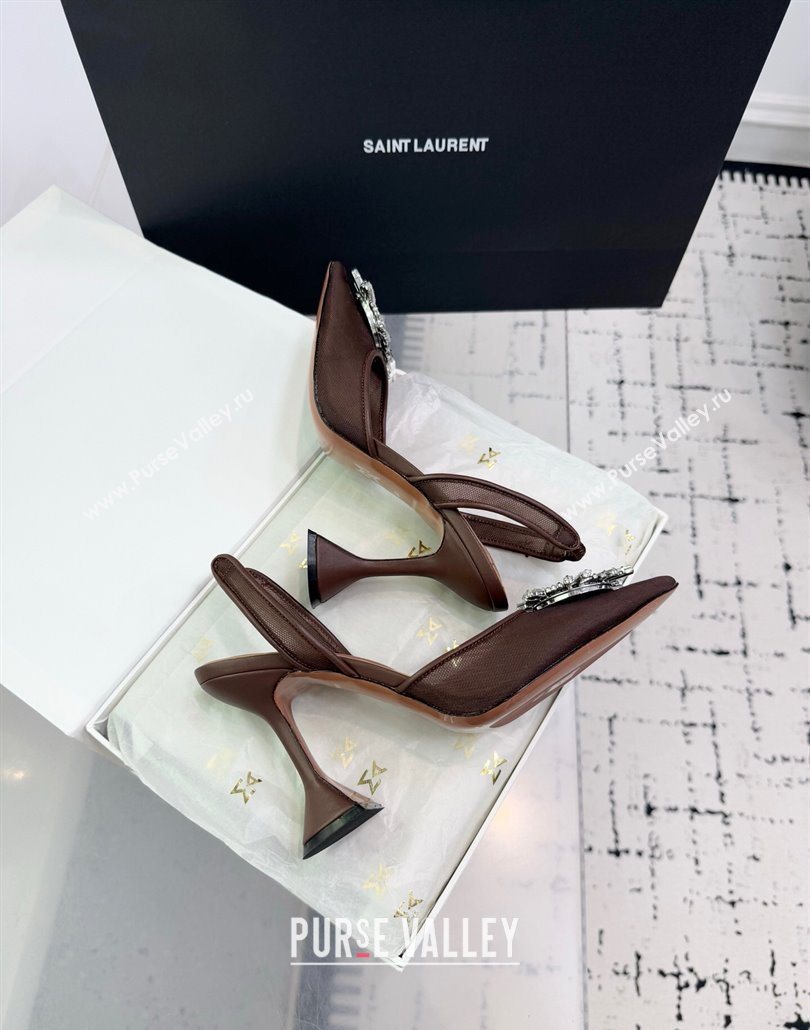 Amina Muaddi Begum Embellished Slingback Pumps 9.5cm in Mesh and Strass Buckle Brown 2025 0604 (KER-250604120)