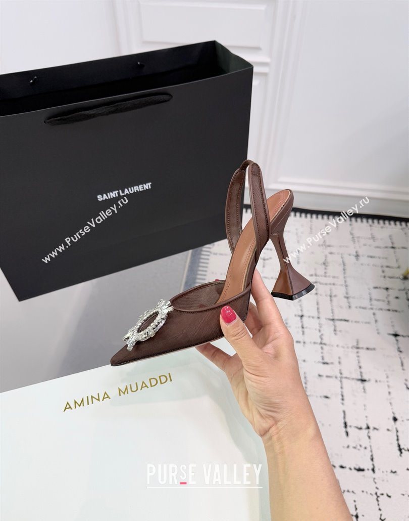 Amina Muaddi Begum Embellished Slingback Pumps 9.5cm in Mesh and Strass Buckle Brown 2025 0604 (KER-250604120)
