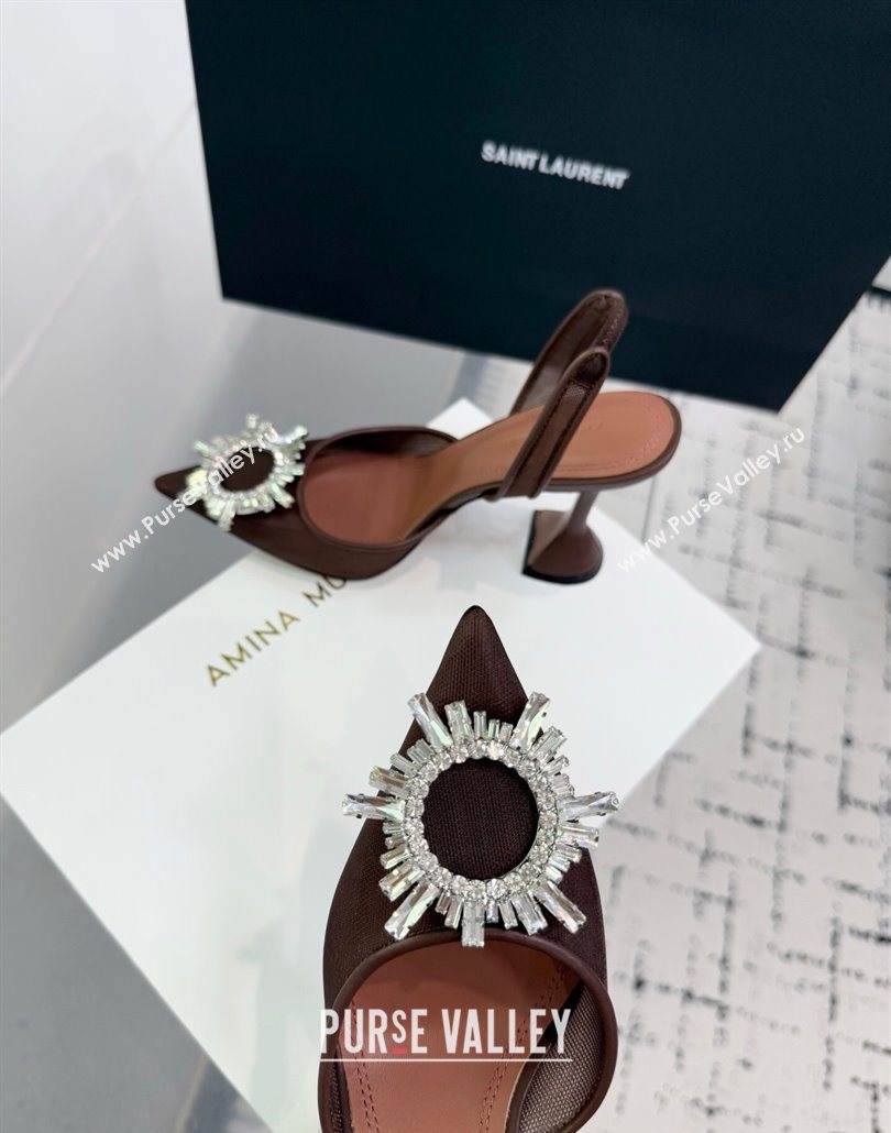 Amina Muaddi Begum Embellished Slingback Pumps 9.5cm in Mesh and Strass Buckle Brown 2025 0604 (KER-250604120)