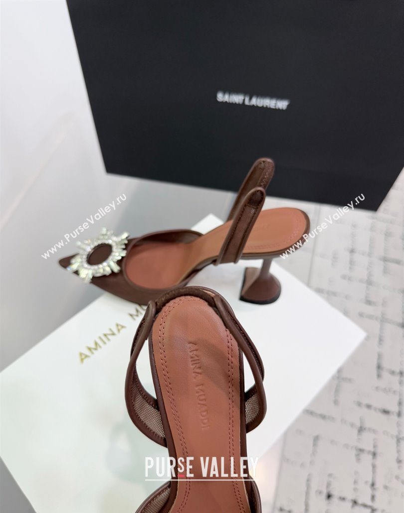 Amina Muaddi Begum Embellished Slingback Pumps 9.5cm in Mesh and Strass Buckle Brown 2025 0604 (KER-250604120)