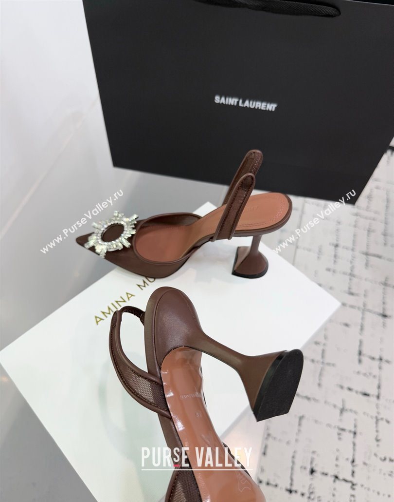 Amina Muaddi Begum Embellished Slingback Pumps 9.5cm in Mesh and Strass Buckle Brown 2025 0604 (KER-250604120)