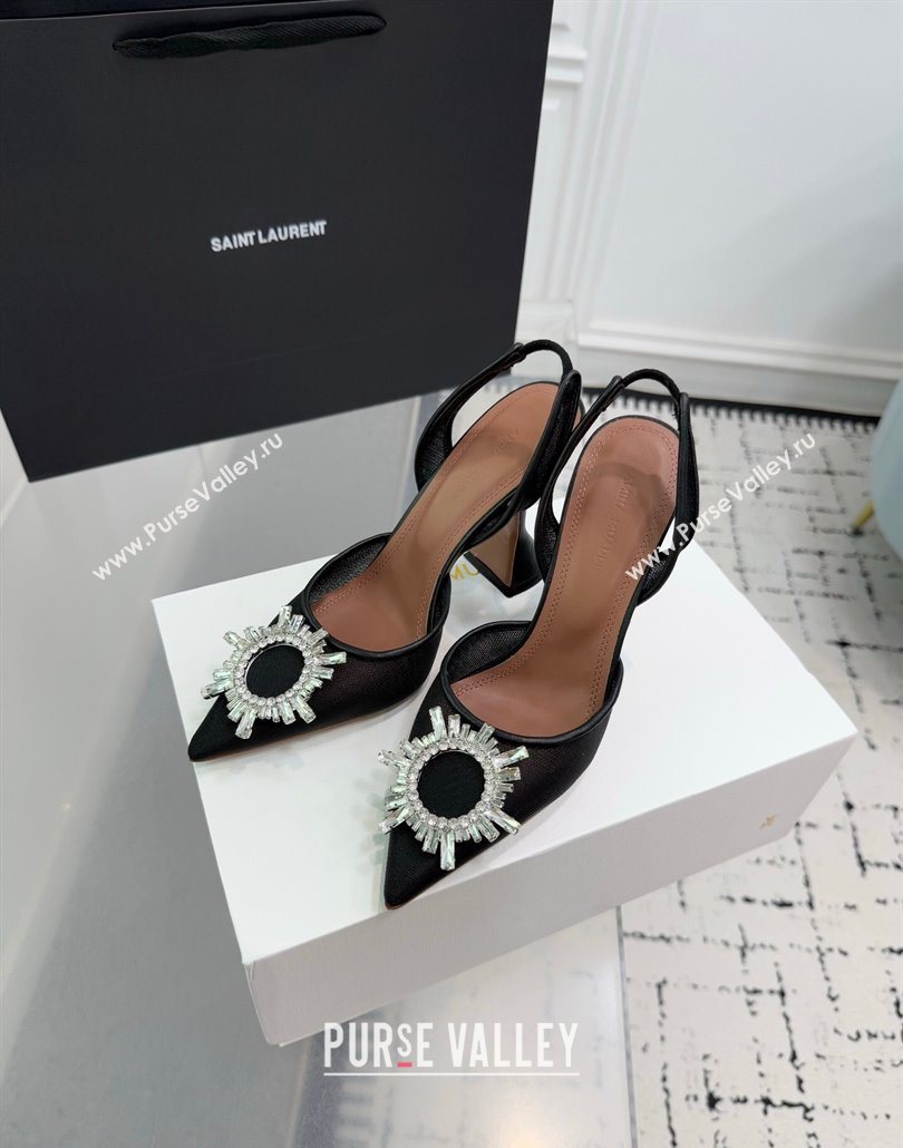 Amina Muaddi Begum Embellished Slingback Pumps 9.5cm in Mesh and Strass Buckle Black 2025 0604 (KER-250604117)
