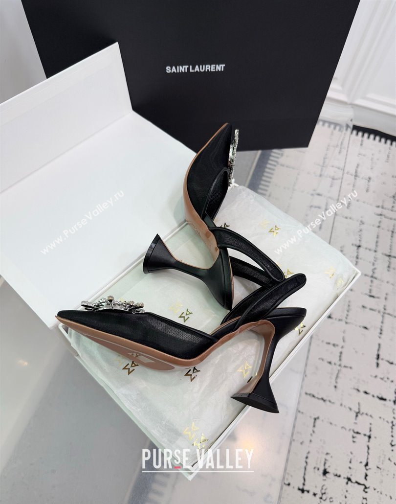 Amina Muaddi Begum Embellished Slingback Pumps 9.5cm in Mesh and Strass Buckle Black 2025 0604 (KER-250604117)