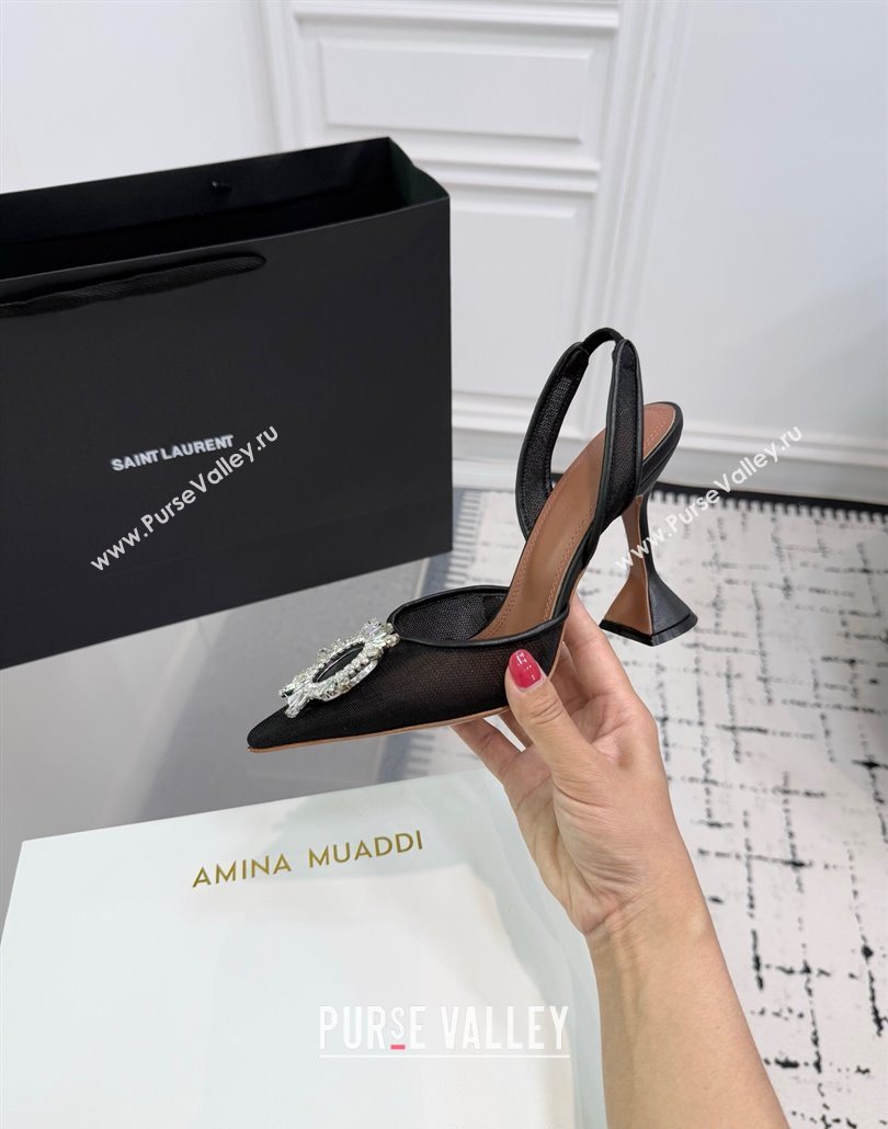Amina Muaddi Begum Embellished Slingback Pumps 9.5cm in Mesh and Strass Buckle Black 2025 0604 (KER-250604117)