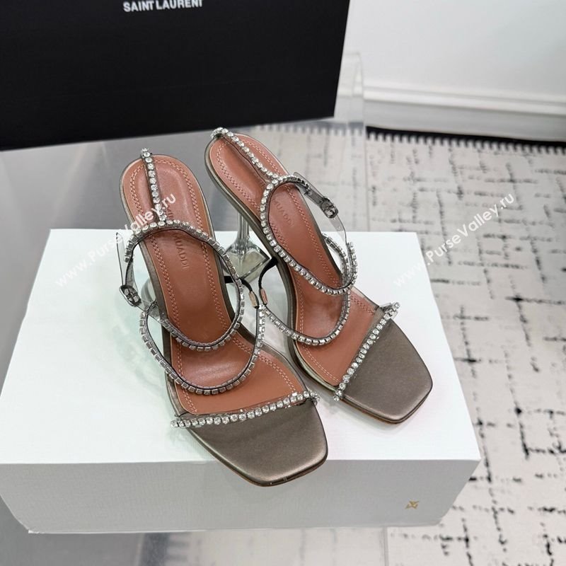 Amina Muaddi Glid Ankle Strap Sandals 9.5cm in PVC and Leather with Strass Grey 2025 AM070902 (KER-250709051)