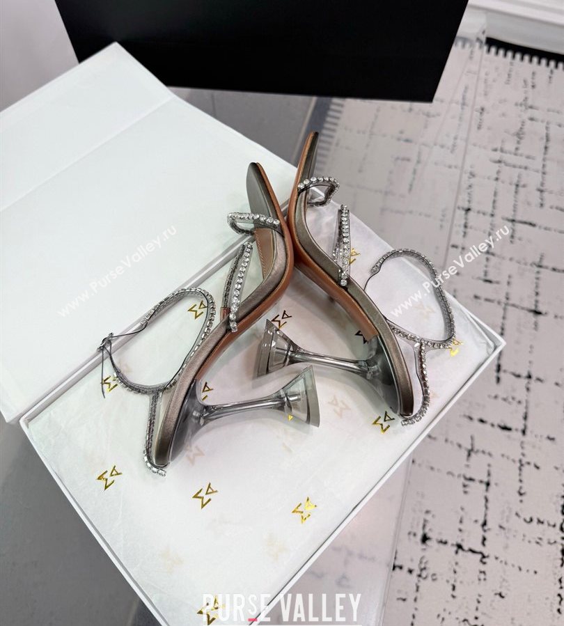 Amina Muaddi Glid Ankle Strap Sandals 9.5cm in PVC and Leather with Strass Grey 2025 AM070902 (KER-250709051)