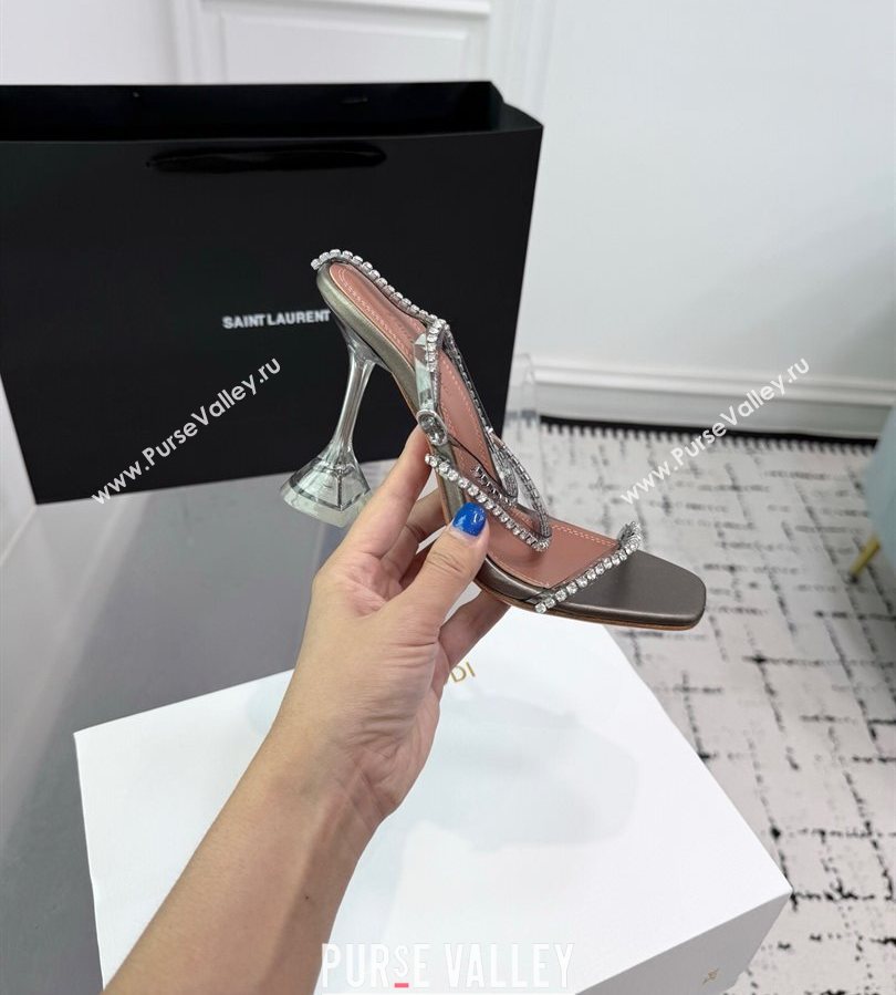 Amina Muaddi Glid Ankle Strap Sandals 9.5cm in PVC and Leather with Strass Grey 2025 AM070902 (KER-250709051)