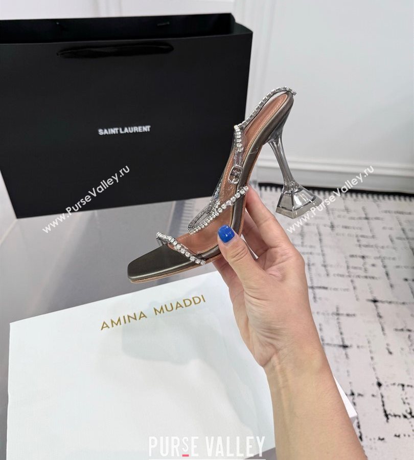 Amina Muaddi Glid Ankle Strap Sandals 9.5cm in PVC and Leather with Strass Grey 2025 AM070902 (KER-250709051)