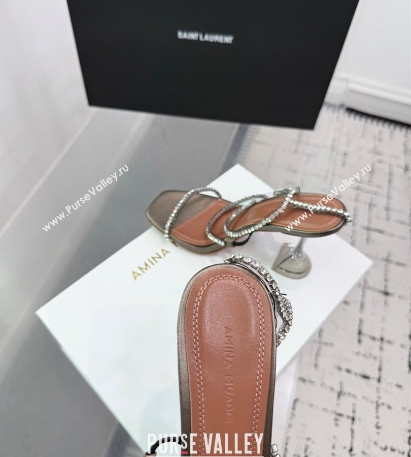 Amina Muaddi Glid Ankle Strap Sandals 9.5cm in PVC and Leather with Strass Grey 2025 AM070902 (KER-250709051)