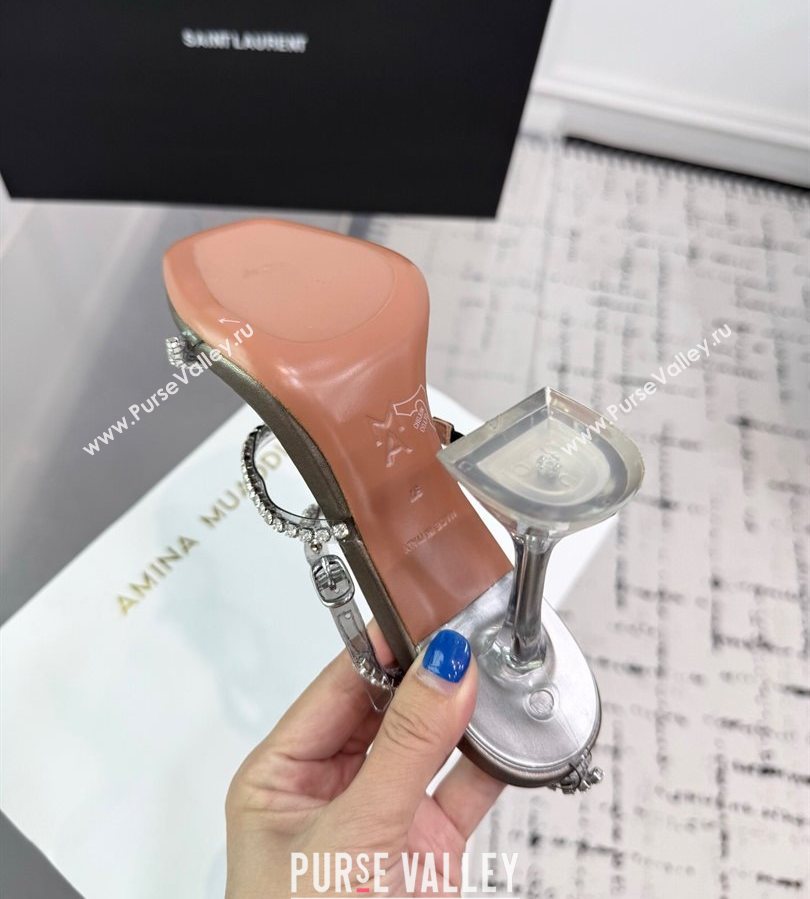 Amina Muaddi Glid Ankle Strap Sandals 9.5cm in PVC and Leather with Strass Grey 2025 AM070902 (KER-250709051)