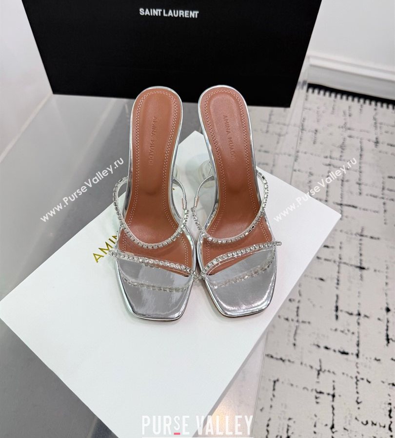 Amina Muaddi Gilda Heel Slides Sandal 9.5cm in PVC and Leather with Strass Silver 2025 AM070903 (KER-250709052)