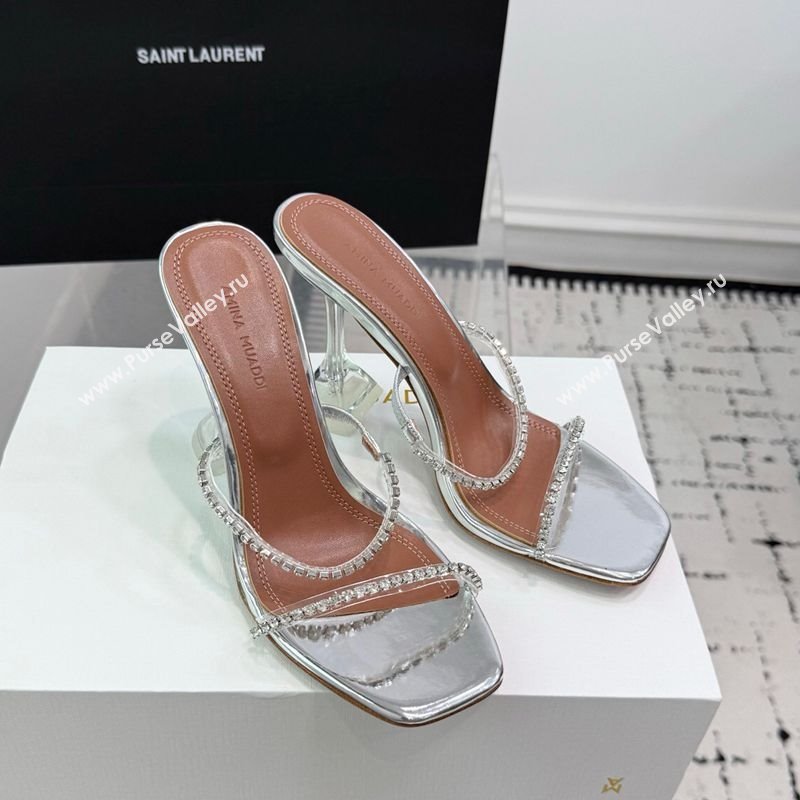 Amina Muaddi Gilda Heel Slides Sandal 9.5cm in PVC and Leather with Strass Silver 2025 AM070903 (KER-250709052)