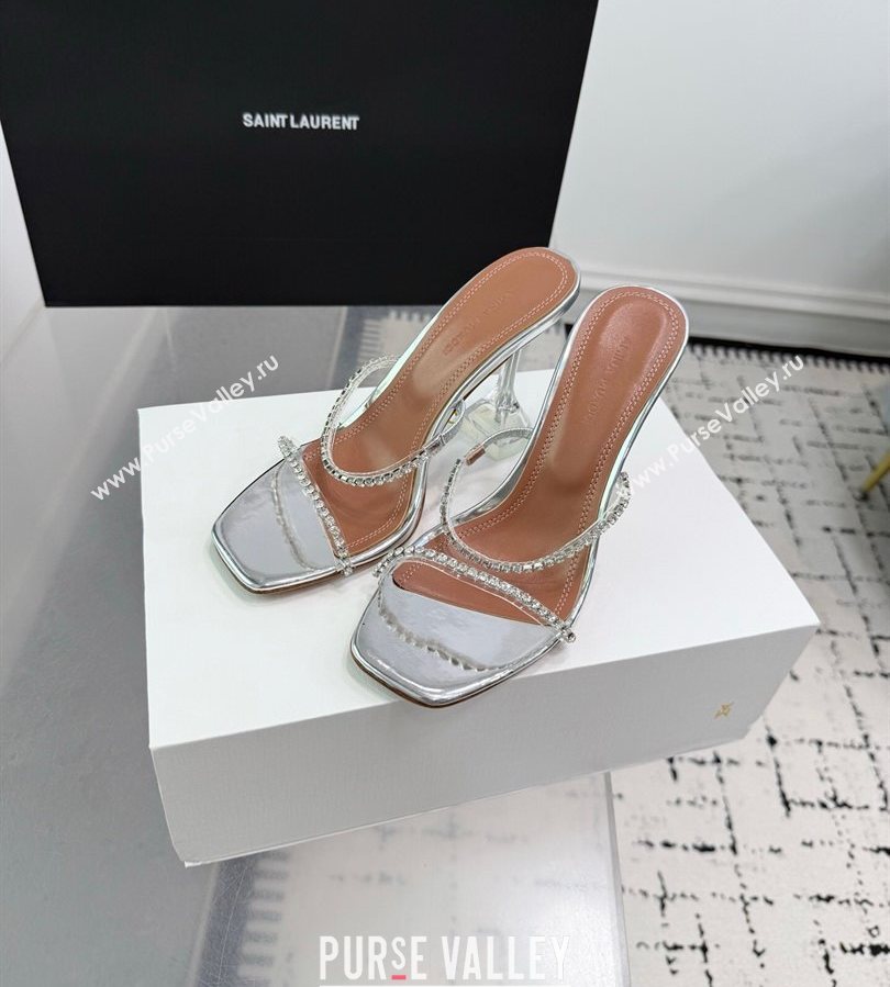 Amina Muaddi Gilda Heel Slides Sandal 9.5cm in PVC and Leather with Strass Silver 2025 AM070903 (KER-250709052)