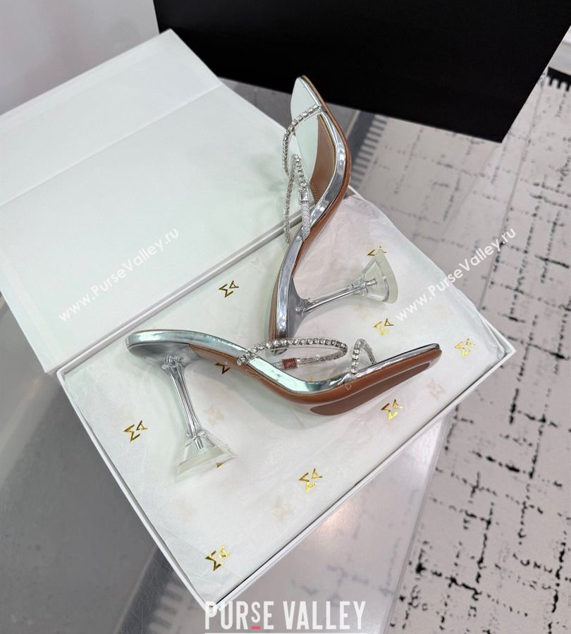 Amina Muaddi Gilda Heel Slides Sandal 9.5cm in PVC and Leather with Strass Silver 2025 AM070903 (KER-250709052)