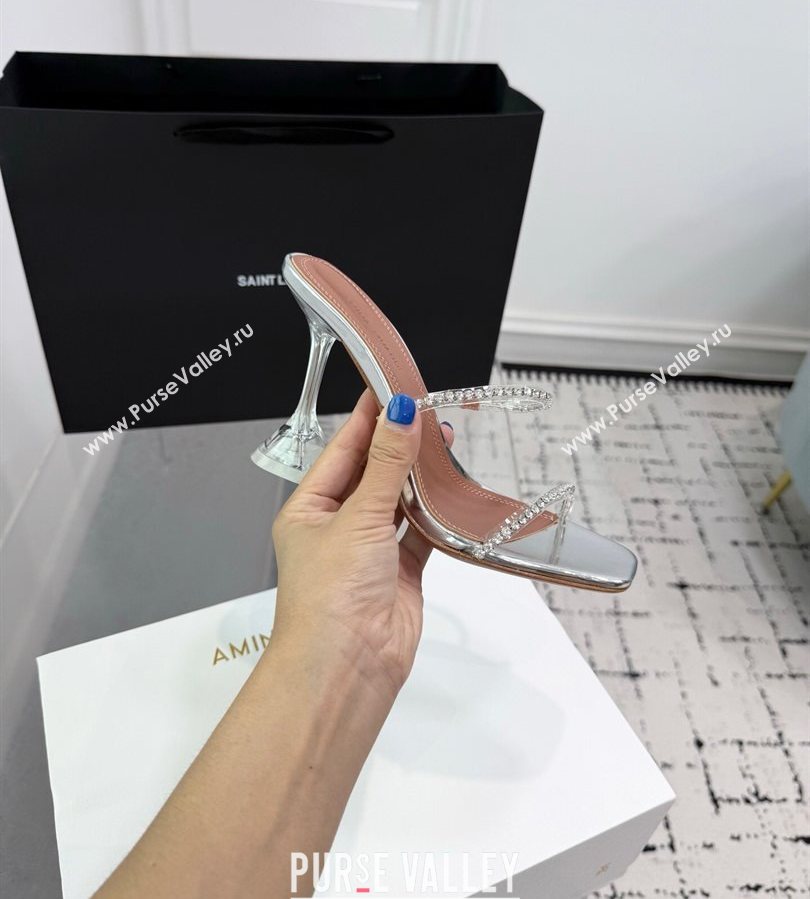 Amina Muaddi Gilda Heel Slides Sandal 9.5cm in PVC and Leather with Strass Silver 2025 AM070903 (KER-250709052)