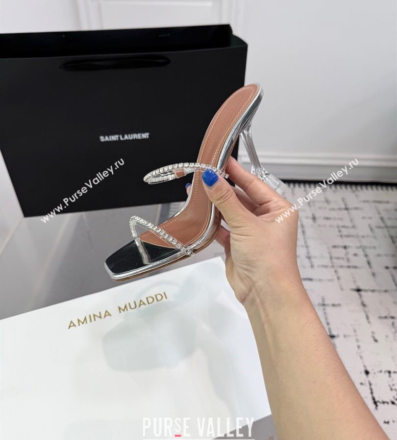 Amina Muaddi Gilda Heel Slides Sandal 9.5cm in PVC and Leather with Strass Silver 2025 AM070903 (KER-250709052)