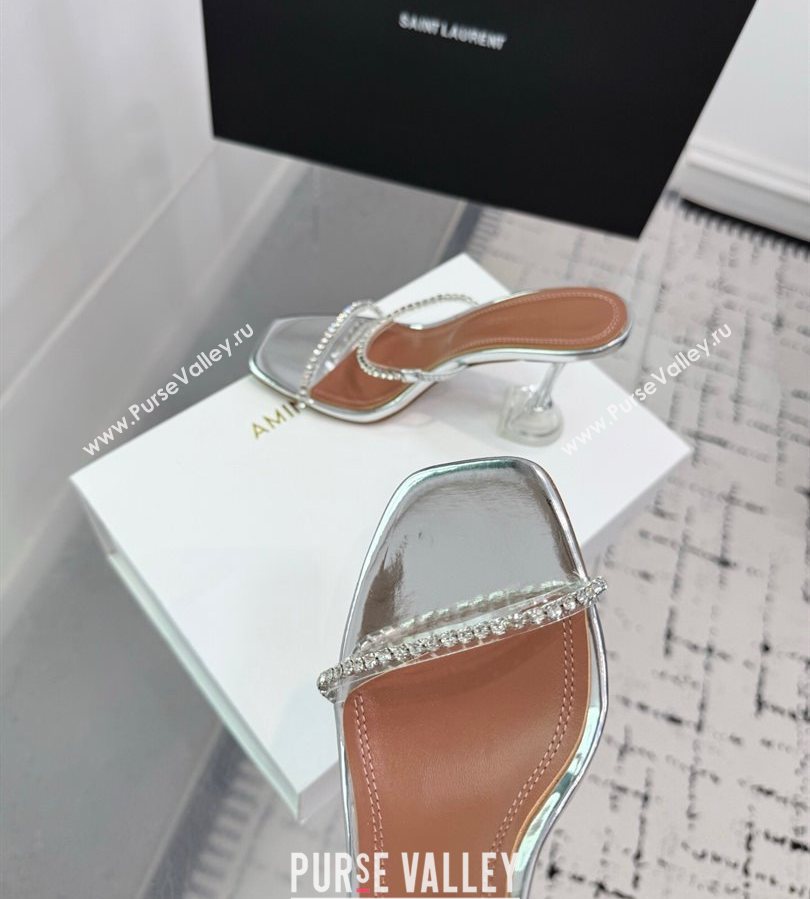 Amina Muaddi Gilda Heel Slides Sandal 9.5cm in PVC and Leather with Strass Silver 2025 AM070903 (KER-250709052)