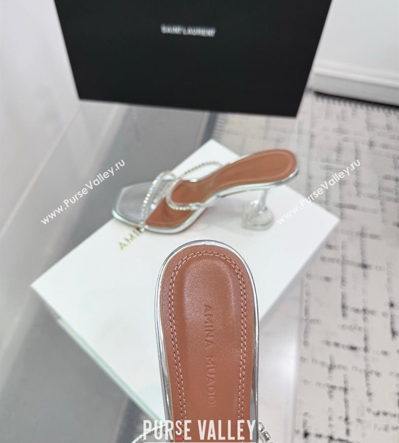 Amina Muaddi Gilda Heel Slides Sandal 9.5cm in PVC and Leather with Strass Silver 2025 AM070903 (KER-250709052)