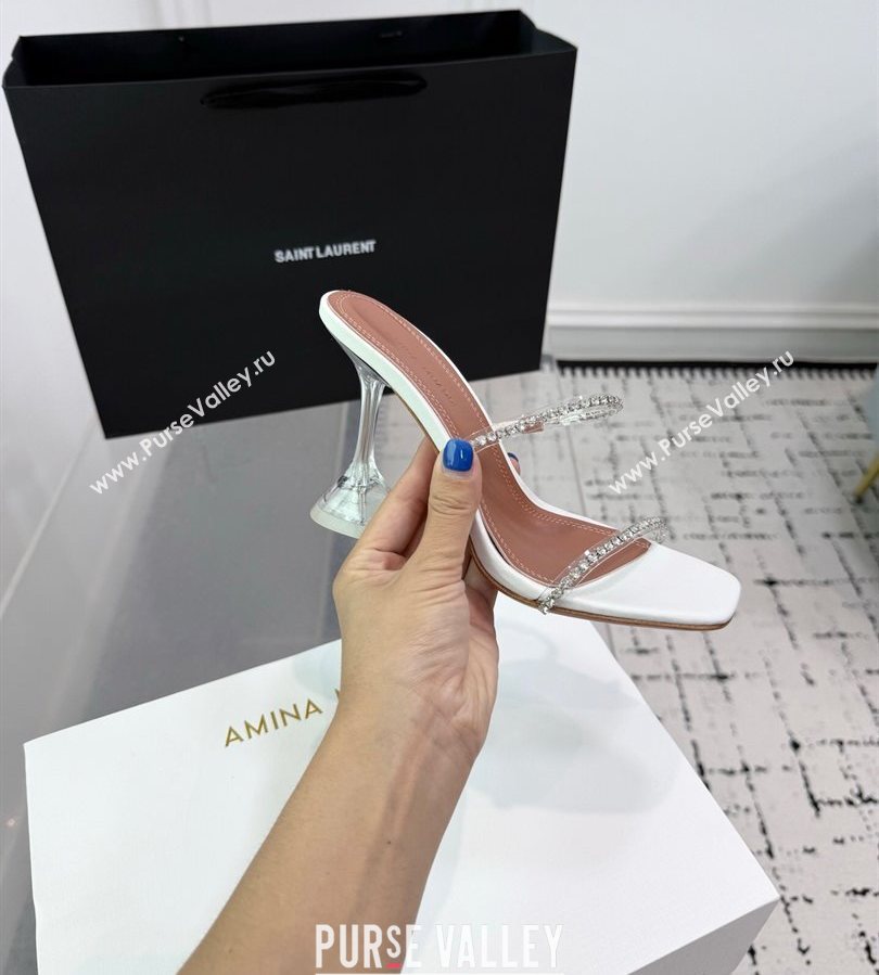 Amina Muaddi Gilda Heel Slides Sandal 9.5cm in PVC and Leather with Strass White 2025 AM070903 (KER-250709056)