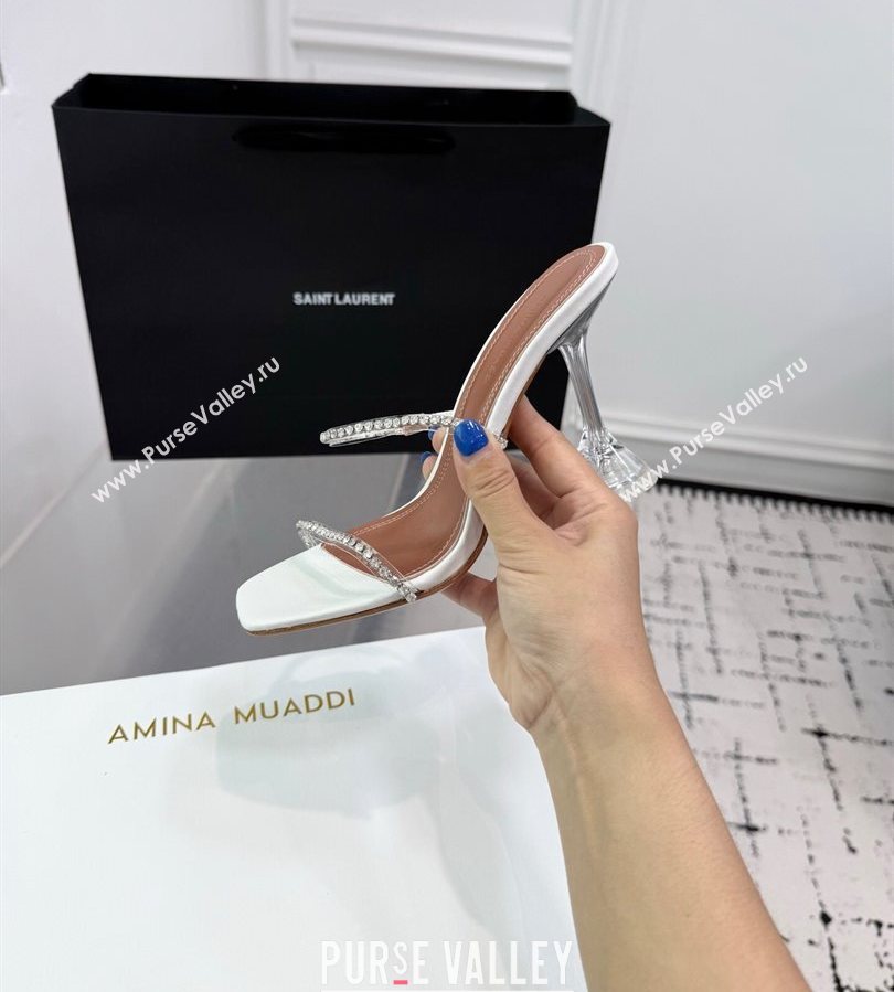 Amina Muaddi Gilda Heel Slides Sandal 9.5cm in PVC and Leather with Strass White 2025 AM070903 (KER-250709056)