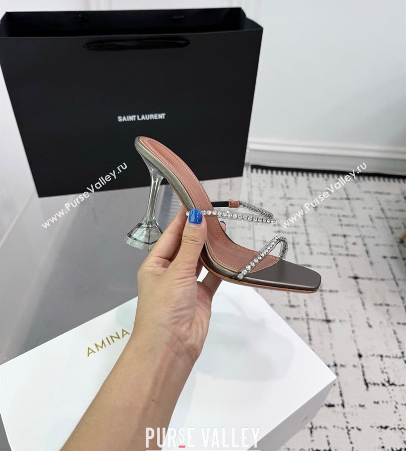 Amina Muaddi Gilda Heel Slides Sandal 9.5cm in PVC and Leather with Strass Grey 2025 AM070903 (KER-250709057)