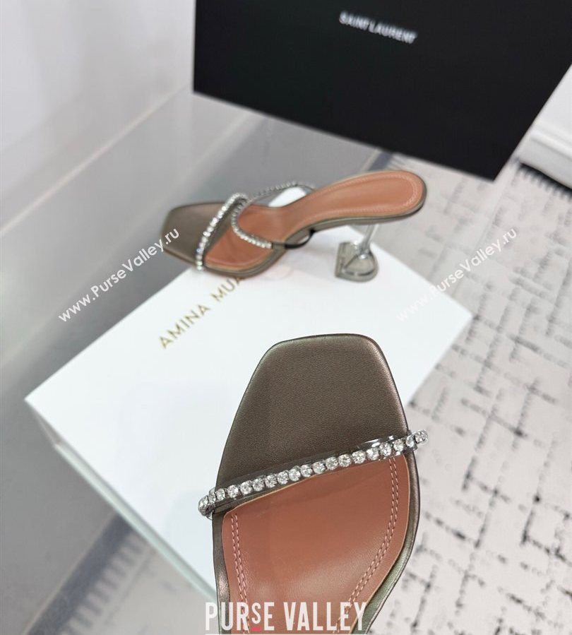 Amina Muaddi Gilda Heel Slides Sandal 9.5cm in PVC and Leather with Strass Grey 2025 AM070903 (KER-250709057)