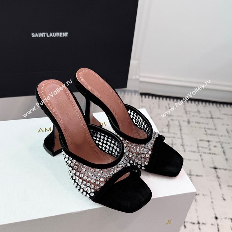 Amina Muaddi Lupita Mesh Heel Slides Sandal 9.5cm with Strass Black 2025 AM070901 (KER-250709044)