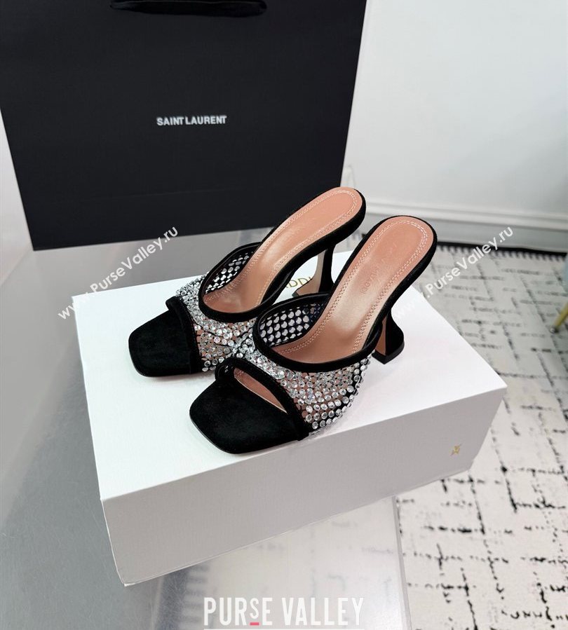 Amina Muaddi Lupita Mesh Heel Slides Sandal 9.5cm with Strass Black 2025 AM070901 (KER-250709044)