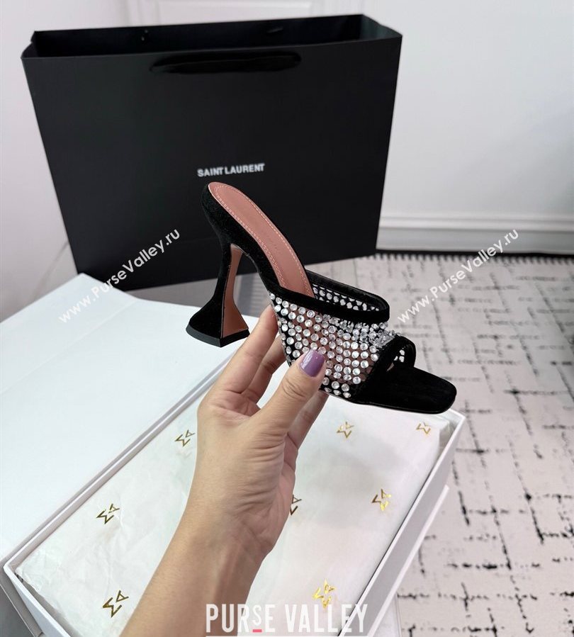Amina Muaddi Lupita Mesh Heel Slides Sandal 9.5cm with Strass Black 2025 AM070901 (KER-250709044)