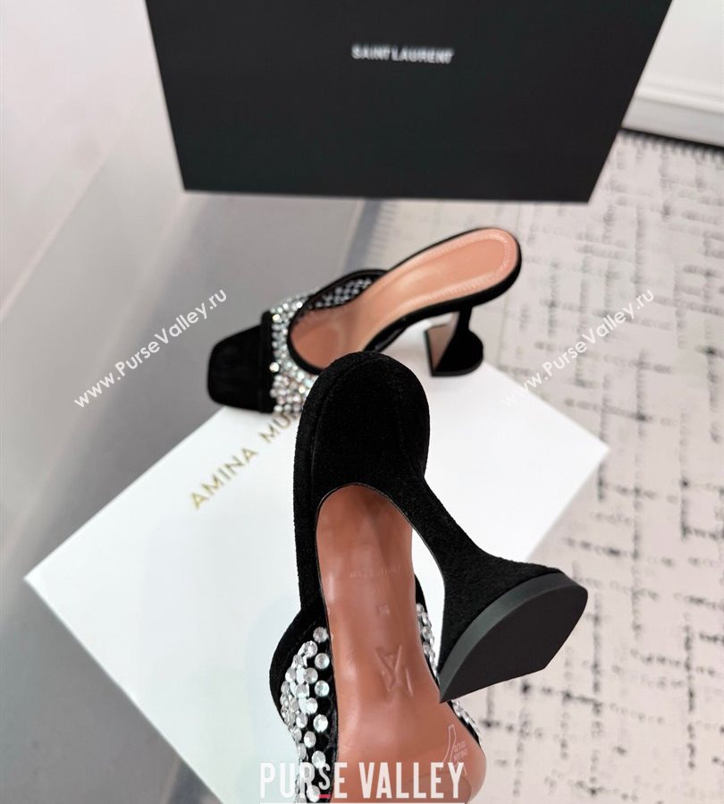 Amina Muaddi Lupita Mesh Heel Slides Sandal 9.5cm with Strass Black 2025 AM070901 (KER-250709044)