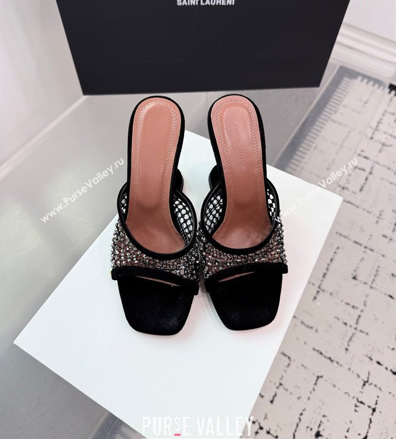 Amina Muaddi Lupita Mesh Heel Slides Sandal 9.5cm with Studs Black 2025 AM070901 (KER-250709045)