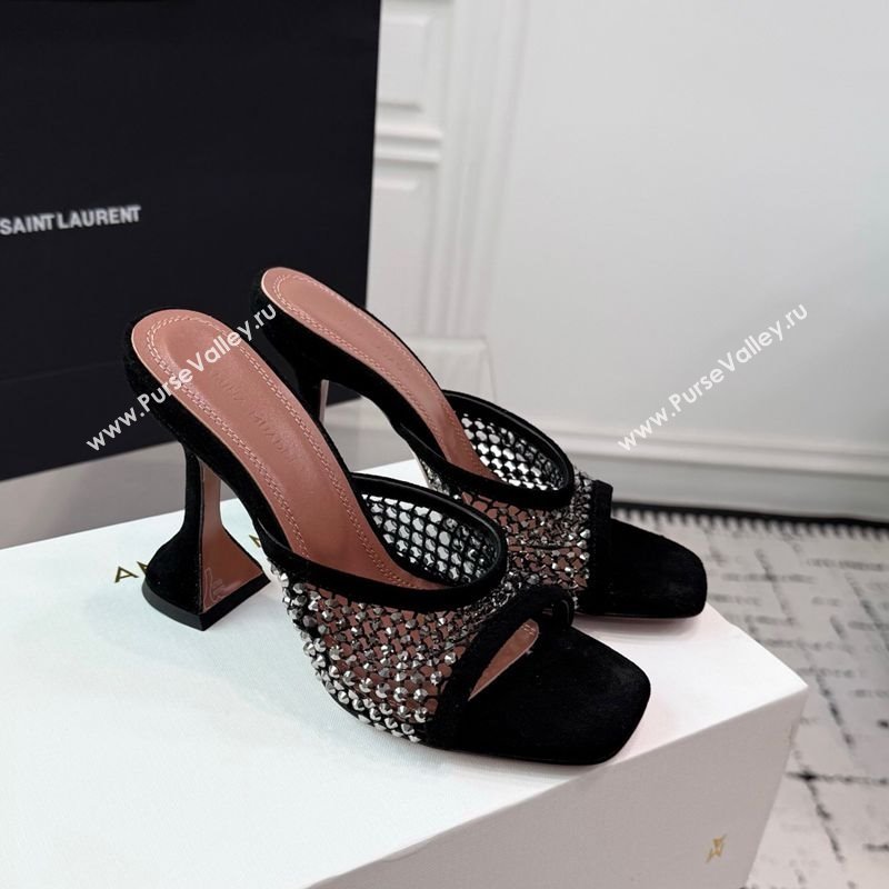 Amina Muaddi Lupita Mesh Heel Slides Sandal 9.5cm with Studs Black 2025 AM070901 (KER-250709045)