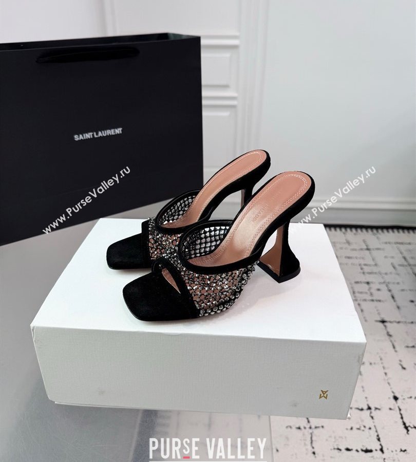 Amina Muaddi Lupita Mesh Heel Slides Sandal 9.5cm with Studs Black 2025 AM070901 (KER-250709045)