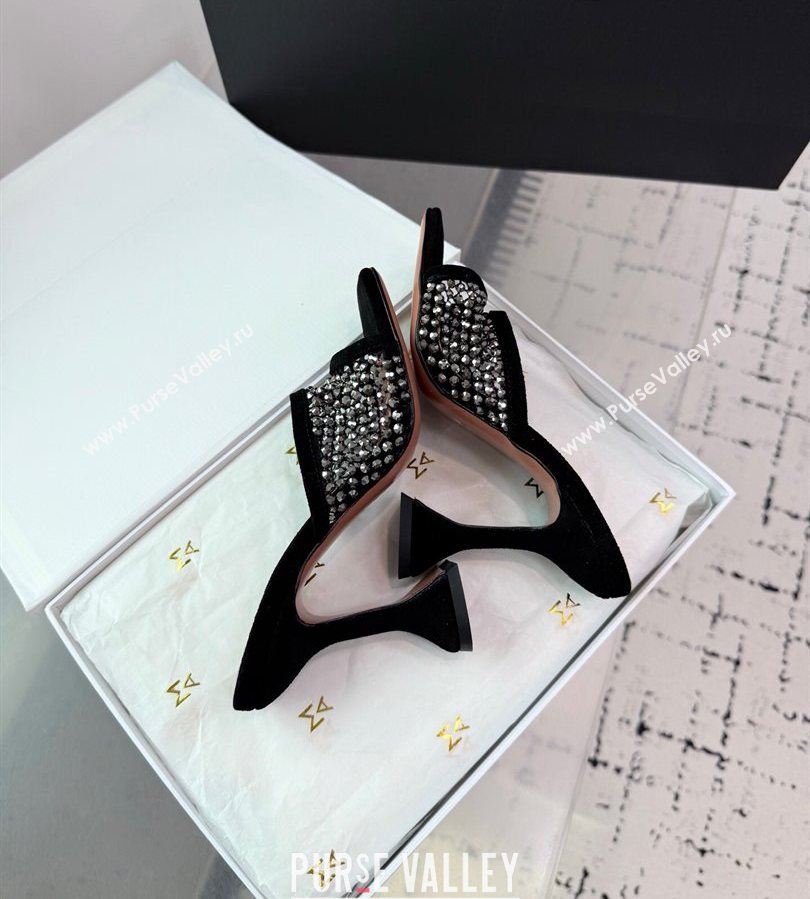 Amina Muaddi Lupita Mesh Heel Slides Sandal 9.5cm with Studs Black 2025 AM070901 (KER-250709045)