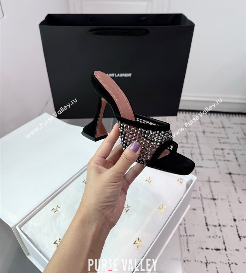 Amina Muaddi Lupita Mesh Heel Slides Sandal 9.5cm with Studs Black 2025 AM070901 (KER-250709045)