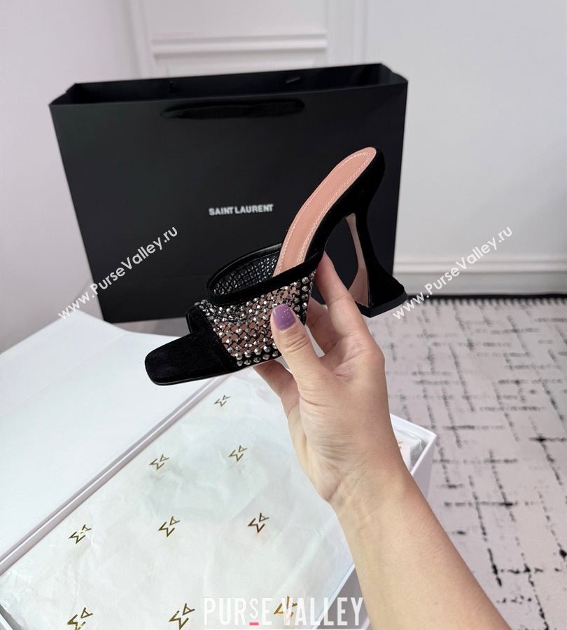 Amina Muaddi Lupita Mesh Heel Slides Sandal 9.5cm with Studs Black 2025 AM070901 (KER-250709045)