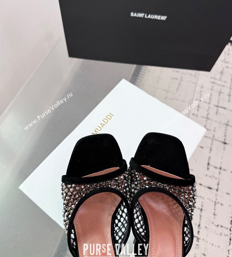 Amina Muaddi Lupita Mesh Heel Slides Sandal 9.5cm with Studs Black 2025 AM070901 (KER-250709045)