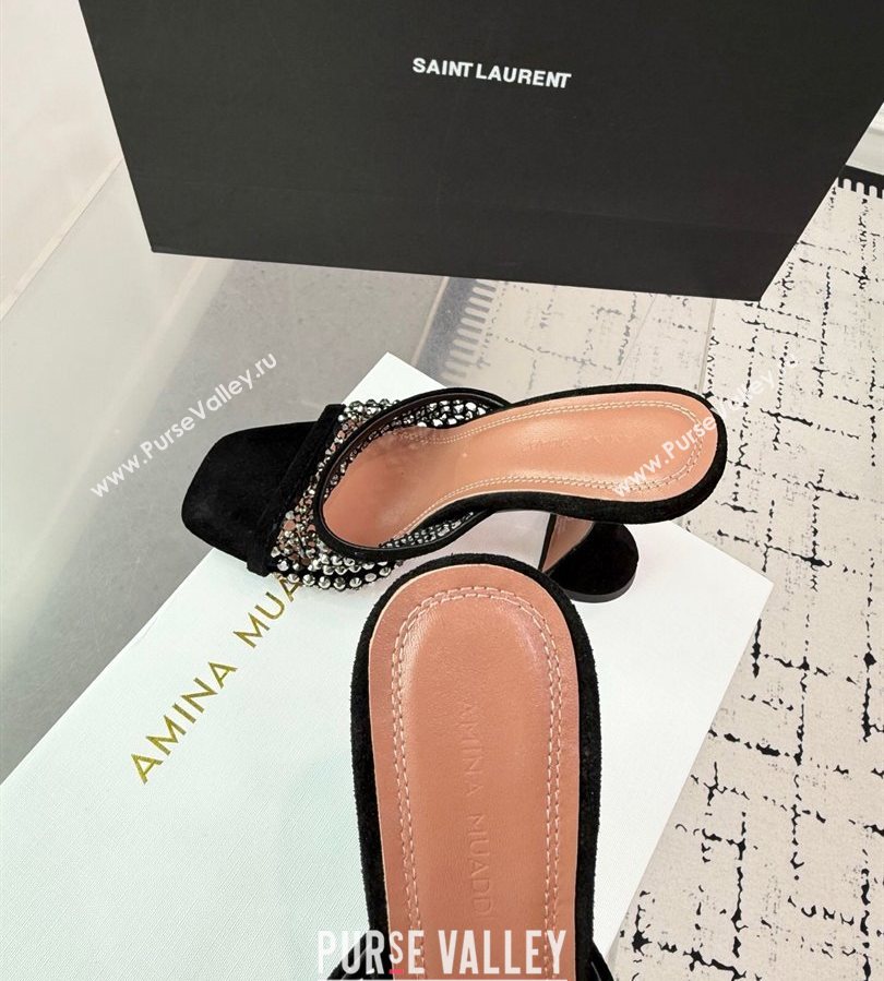 Amina Muaddi Lupita Mesh Heel Slides Sandal 9.5cm with Studs Black 2025 AM070901 (KER-250709045)