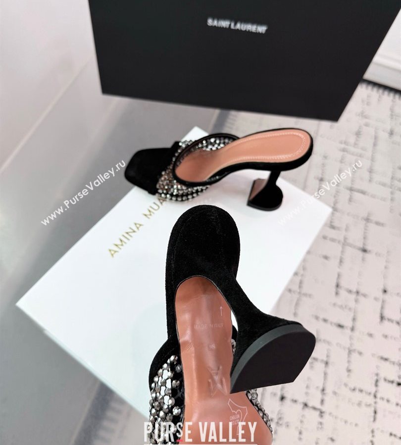 Amina Muaddi Lupita Mesh Heel Slides Sandal 9.5cm with Studs Black 2025 AM070901 (KER-250709045)