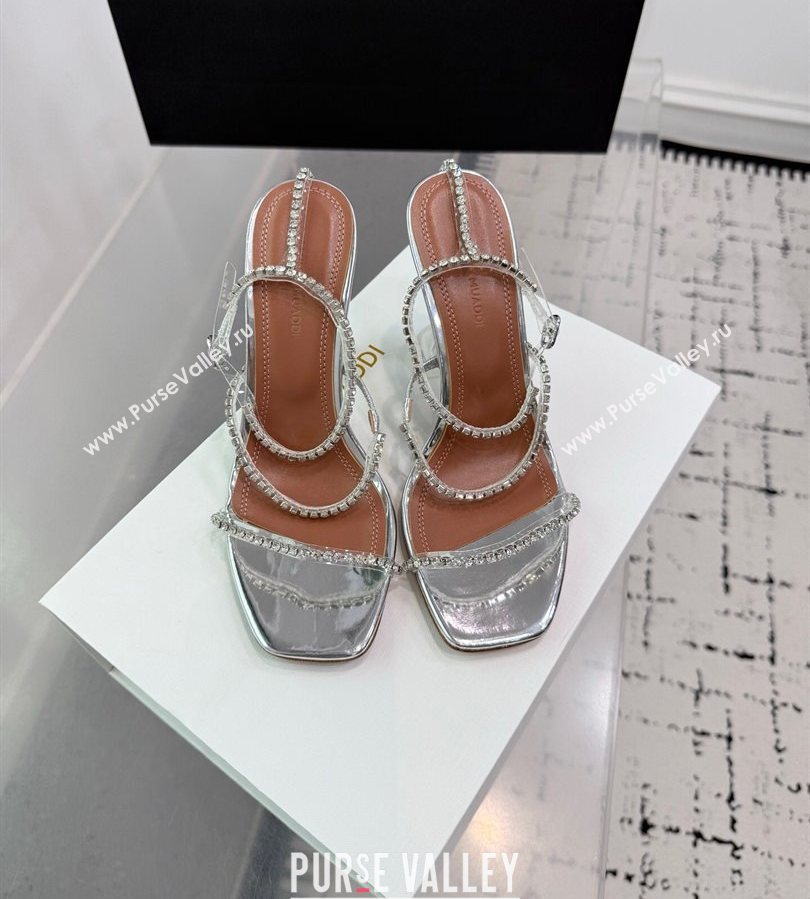 Amina Muaddi Glid Ankle Strap Sandals 9.5cm in PVC and Leather with Strass Silver 2025 AM070902 (KER-250709046)