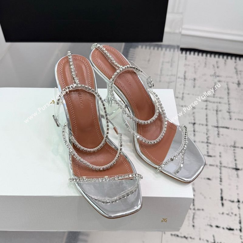 Amina Muaddi Glid Ankle Strap Sandals 9.5cm in PVC and Leather with Strass Silver 2025 AM070902 (KER-250709046)
