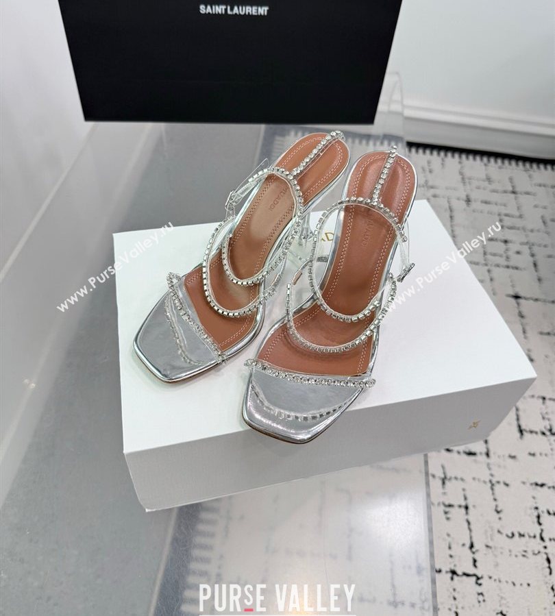 Amina Muaddi Glid Ankle Strap Sandals 9.5cm in PVC and Leather with Strass Silver 2025 AM070902 (KER-250709046)