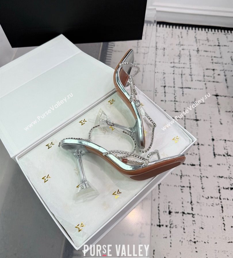 Amina Muaddi Glid Ankle Strap Sandals 9.5cm in PVC and Leather with Strass Silver 2025 AM070902 (KER-250709046)