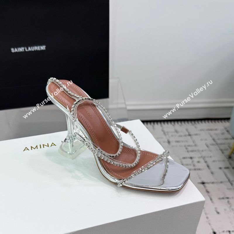 Amina Muaddi Glid Ankle Strap Sandals 9.5cm in PVC and Leather with Strass Silver 2025 AM070902 (KER-250709046)