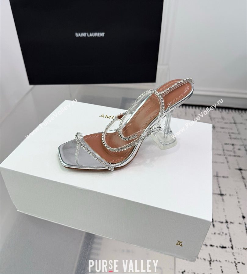Amina Muaddi Glid Ankle Strap Sandals 9.5cm in PVC and Leather with Strass Silver 2025 AM070902 (KER-250709046)