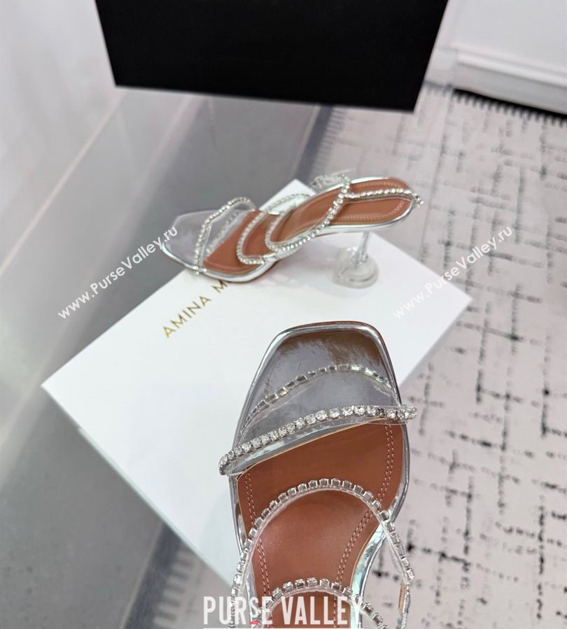 Amina Muaddi Glid Ankle Strap Sandals 9.5cm in PVC and Leather with Strass Silver 2025 AM070902 (KER-250709046)