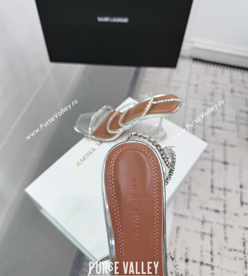 Amina Muaddi Glid Ankle Strap Sandals 9.5cm in PVC and Leather with Strass Silver 2025 AM070902 (KER-250709046)